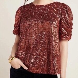 Anthropologie Marie Copper Sequin Puff Sleeve Top Size 2